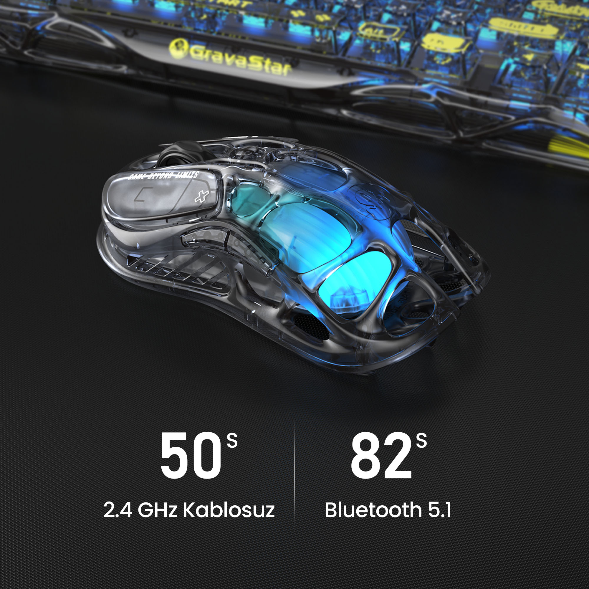 Przezroczysta mysz gamingowa z niebieskim podświetleniem i klawiaturą w tle.