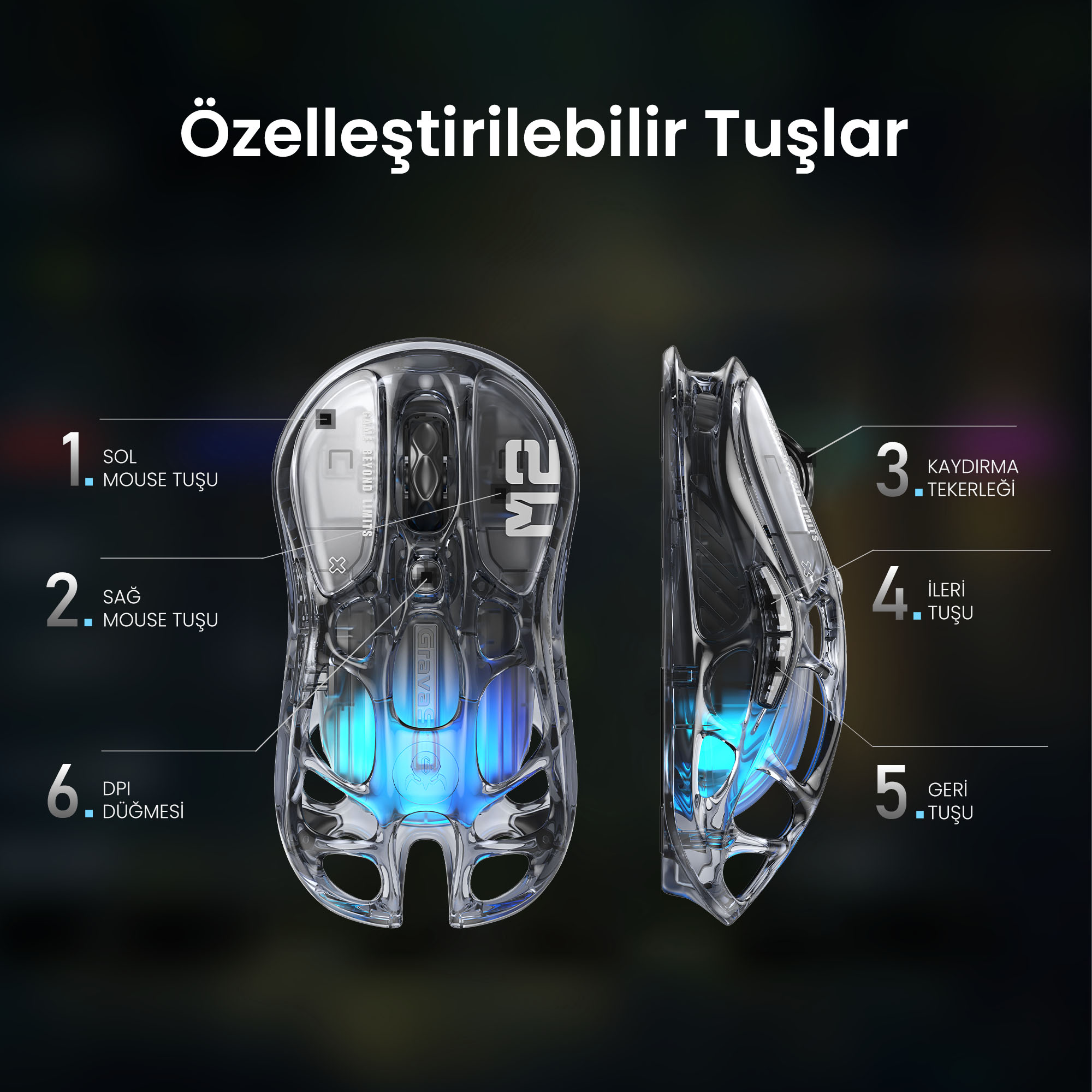 Przezroczysta mysz z niebieskimi światłami, opisanymi przyciskami.