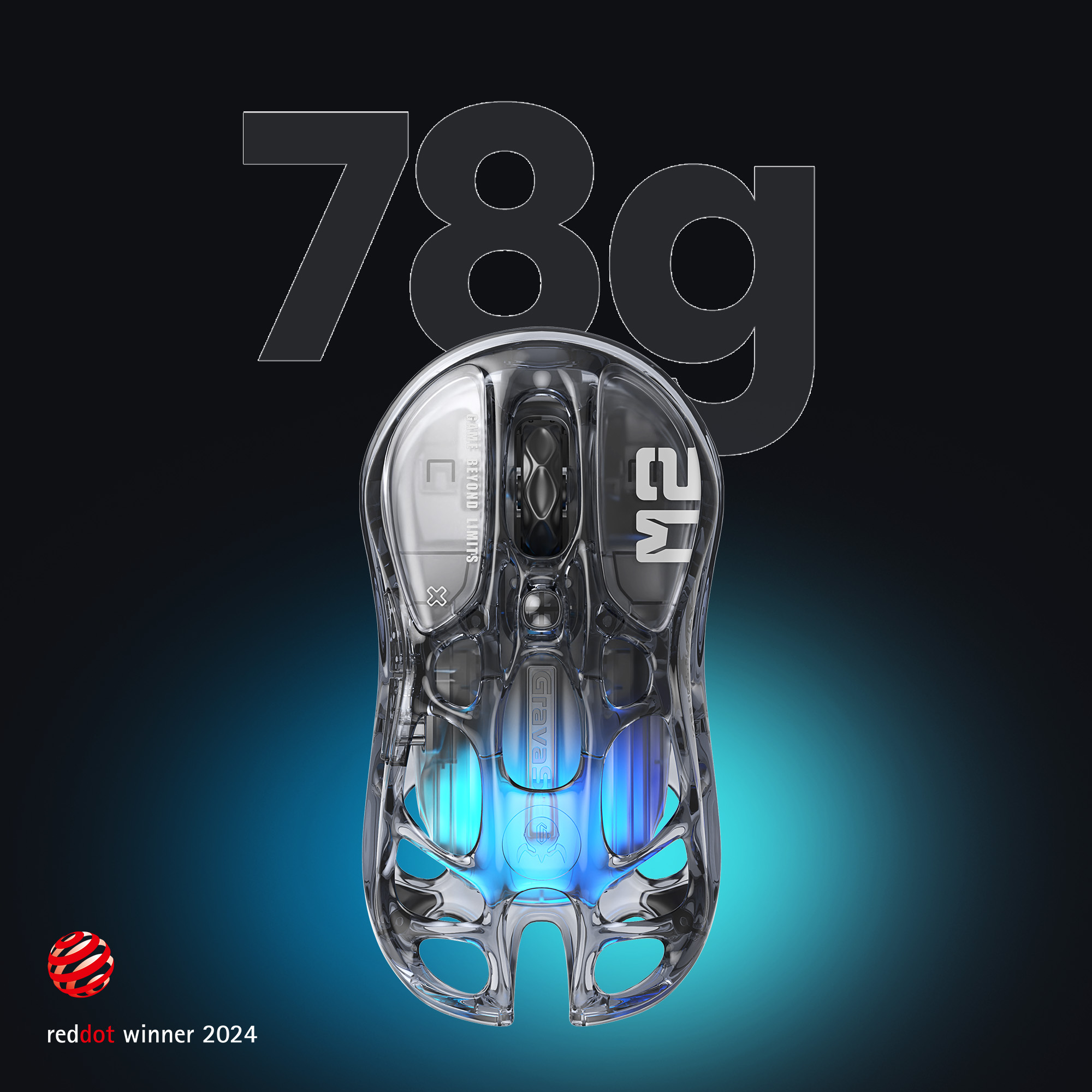 Przezroczysta mysz gamingowa z niebieskim podświetleniem, waga 78g, Red Dot 2024.