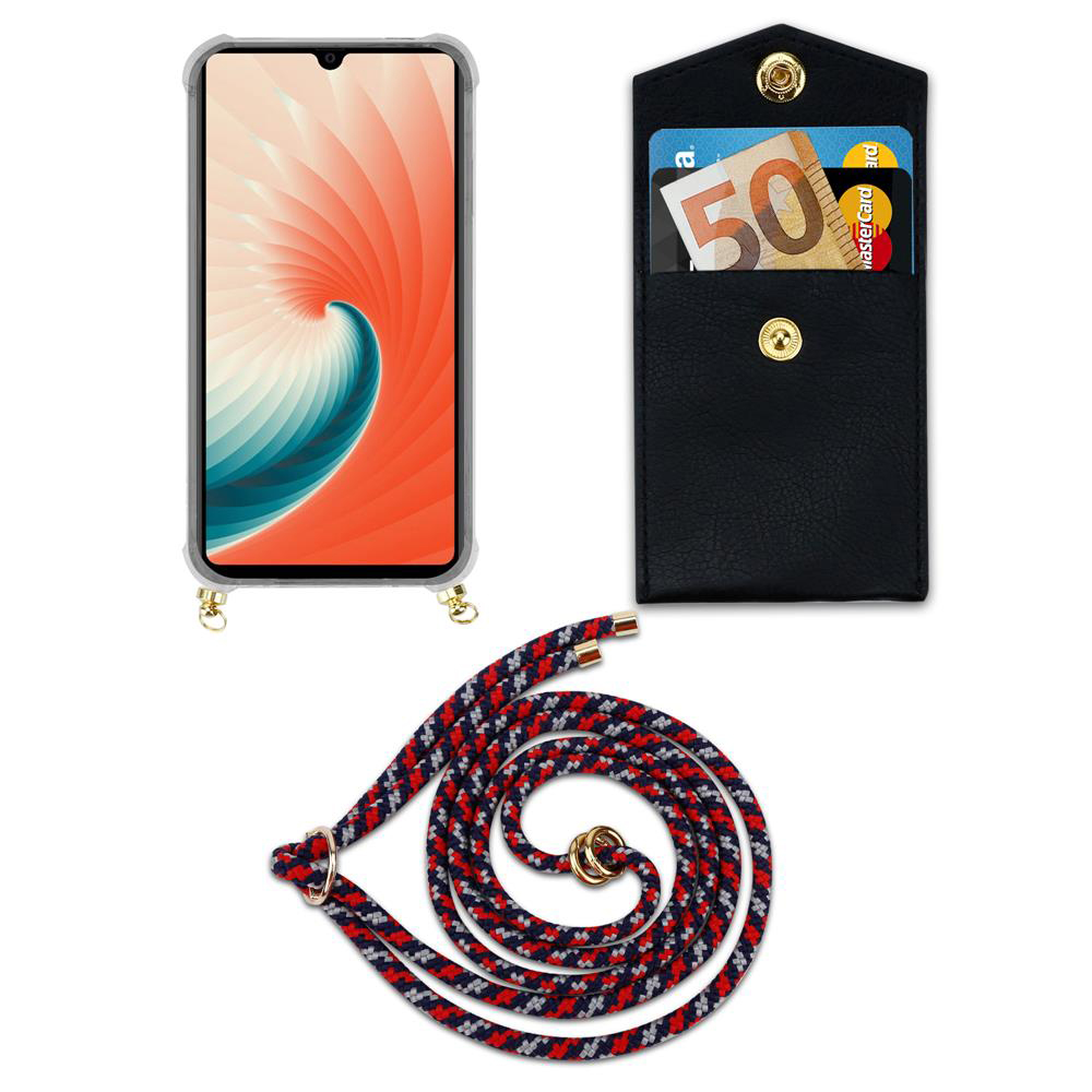 Uno smartphone con custodia, un portafoglio con soldi e carte, e un cordino.