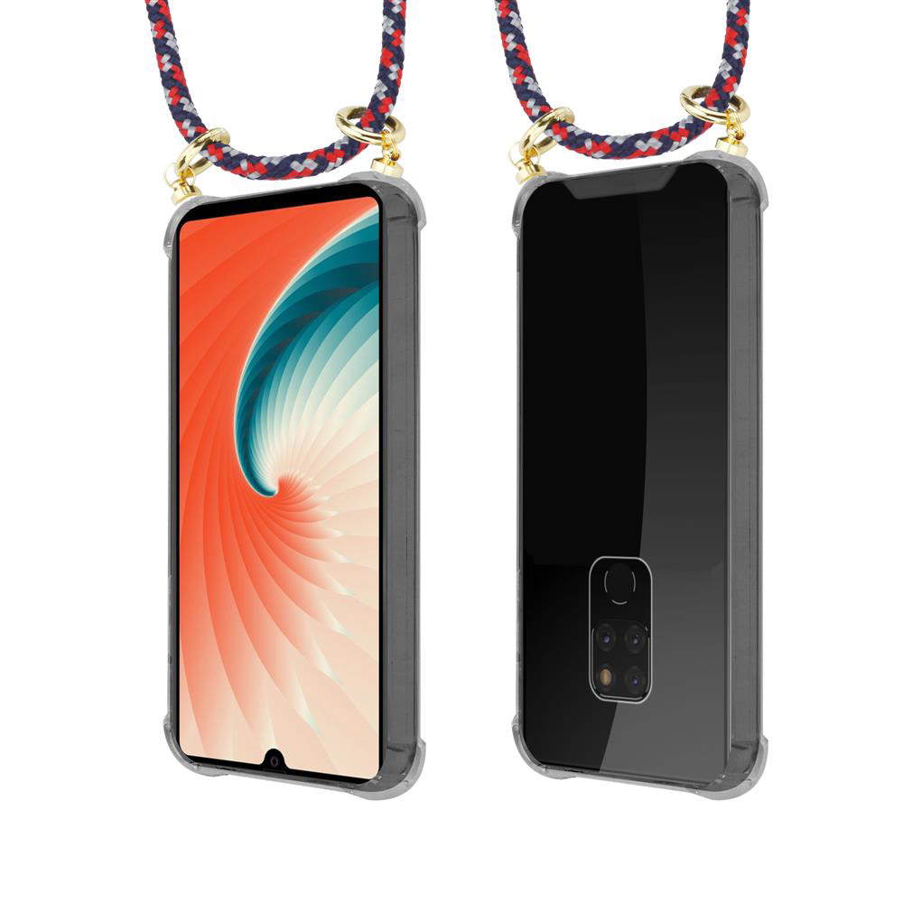 Uno smartphone in una custodia trasparente con un cordino colorato.