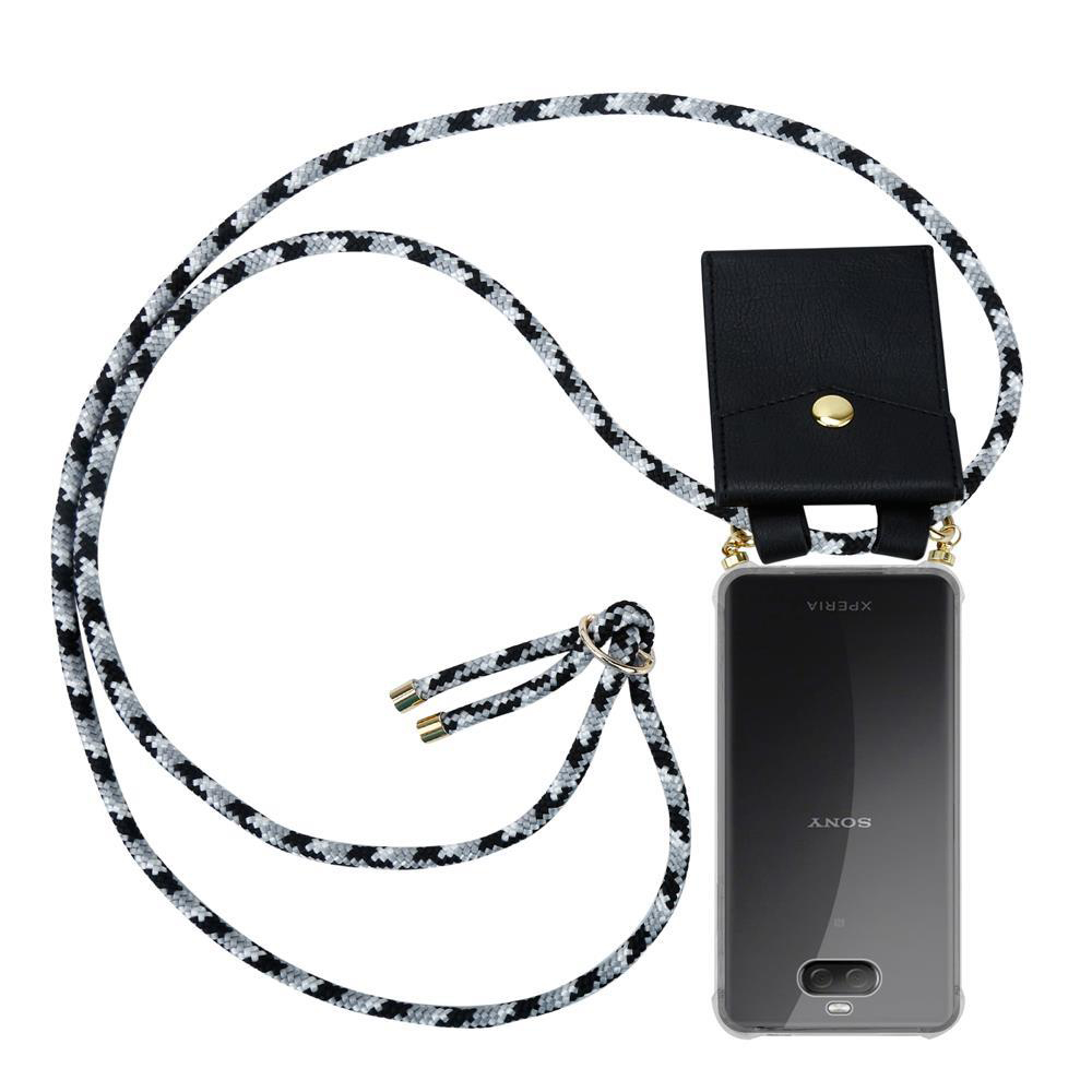 Schwarze Handyhülle mit Kordel und kleiner schwarzer Tasche mit goldnem Knopf.