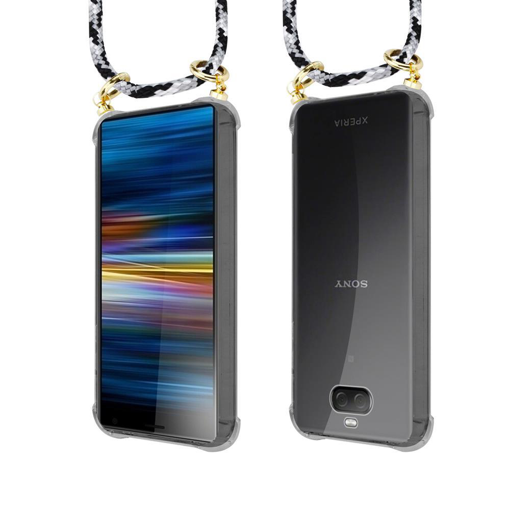 Zwei Sony Xperia Handys in Schutzhüllen mit Trageband, Vorder- und Rückansicht.