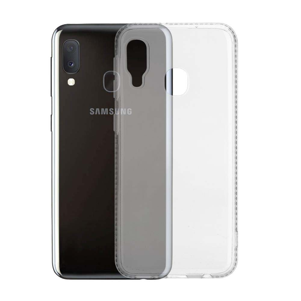 Uno smartphone Samsung nero con una custodia trasparente accanto.