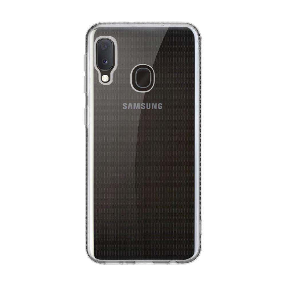 Una cover trasparente per telefono con due fotocamere e sensore impronte.