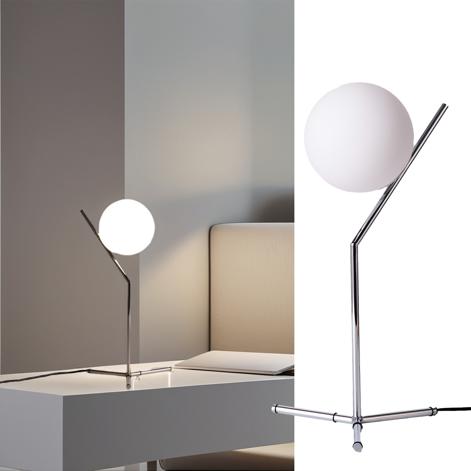 Una lámpara de mesa moderna con difusor esférico y estructura metálica.