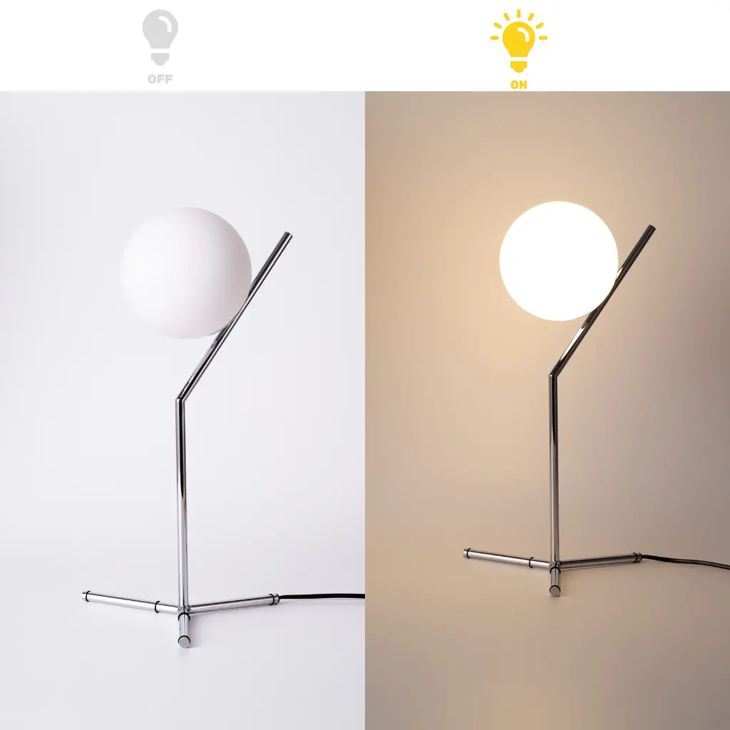 Lámpara moderna con pantalla esférica, izquierda apagada, derecha encendida.