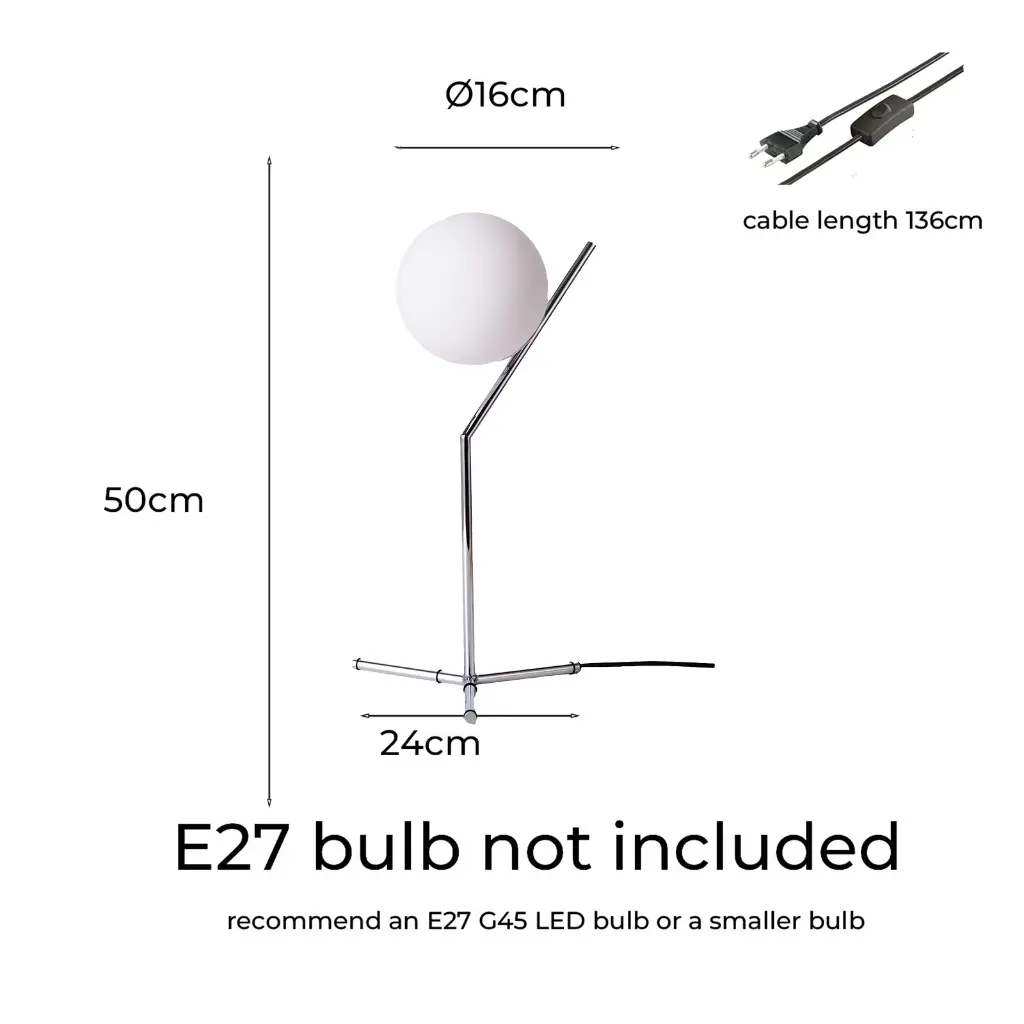 Lámpara de mesa globo blanca sobre base cromada. Alto 50cm, ancho 24cm, Ø 16cm.