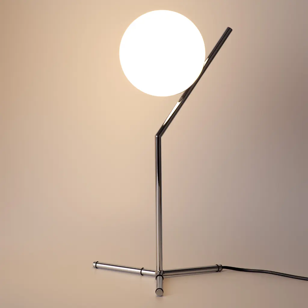 Una lámpara de pie moderna con pantalla esférica y estructura cromada.