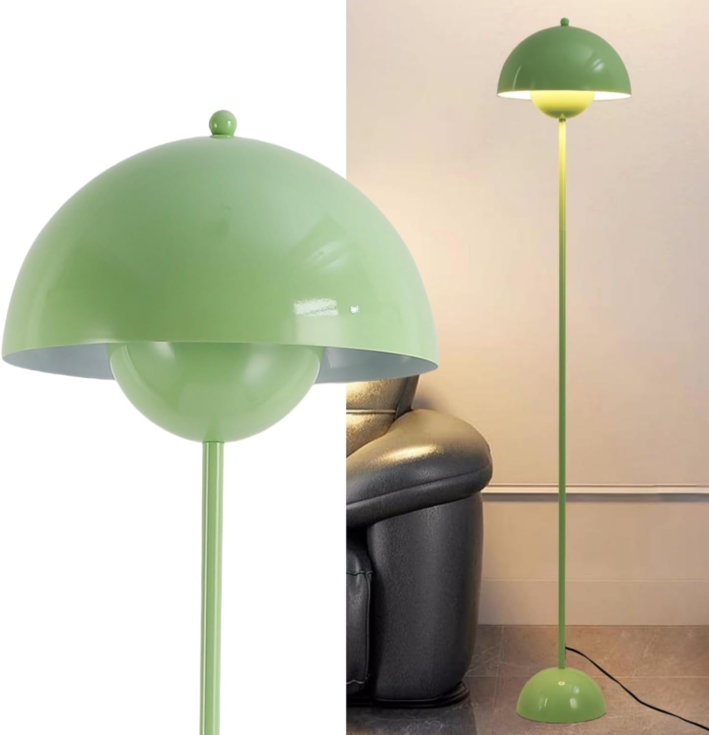 Lámpara de pie verde con pantalla en forma de hongo junto a un sofá de cuero.