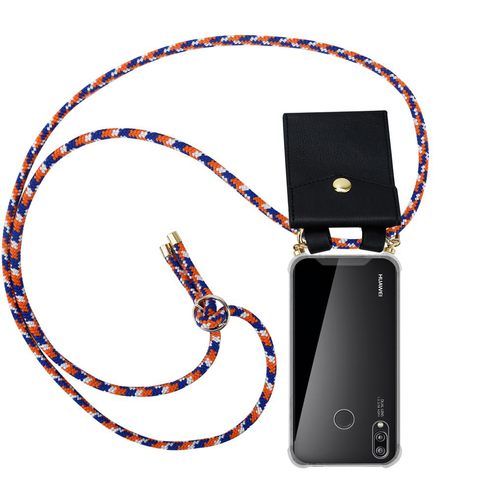 Custodia per telefono con cordino arancione, blu e bianco, con tasca nera.