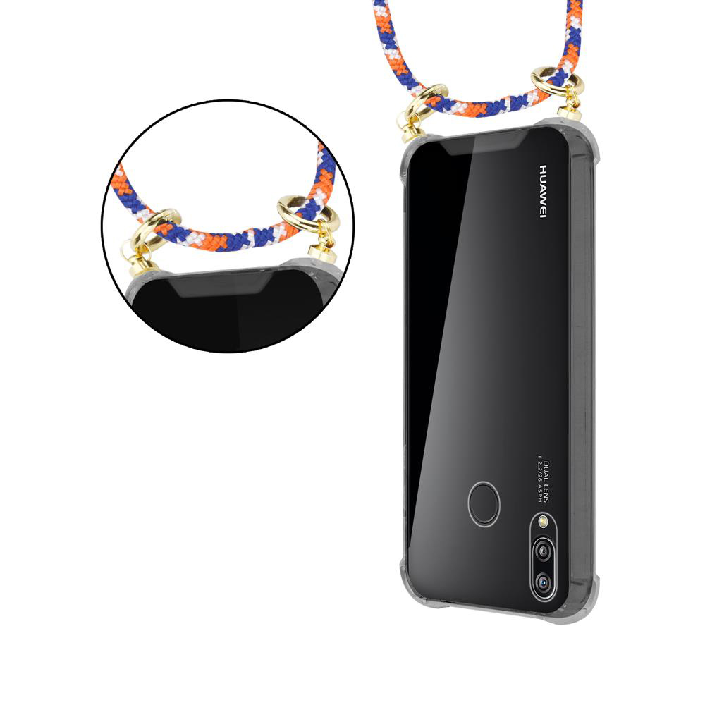 Telefono Huawei nero in custodia trasparente con laccetto colorato.