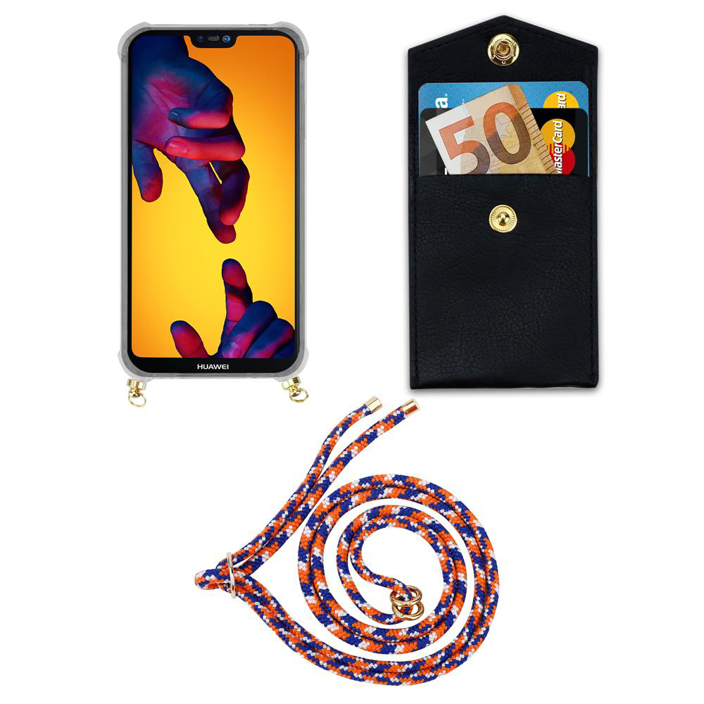 Telefono Huawei in custodia, portafoglio nero con carte e 50€, e cordino.