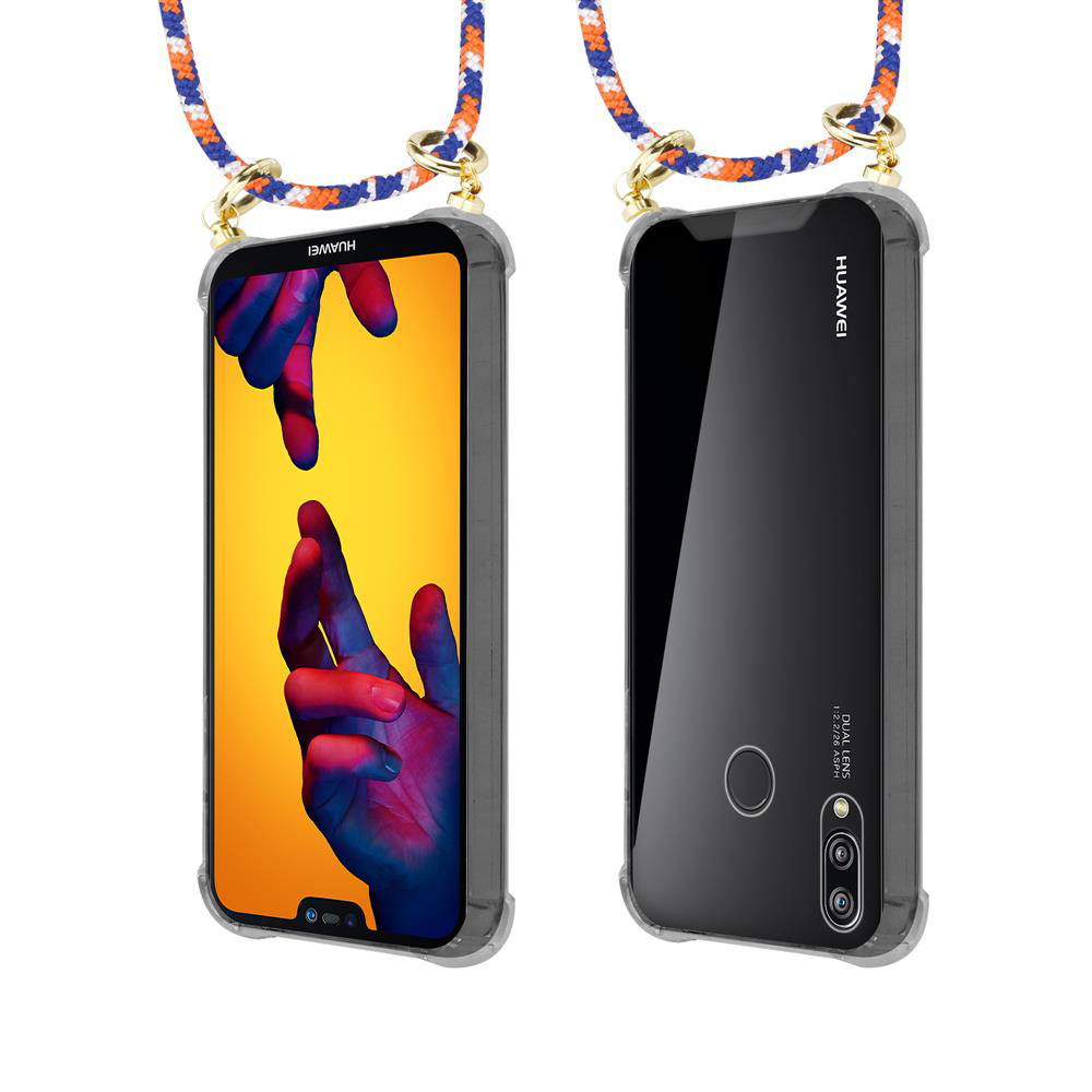 Due smartphone Huawei con cordini; uno mostra mani, l'altro è nero.
