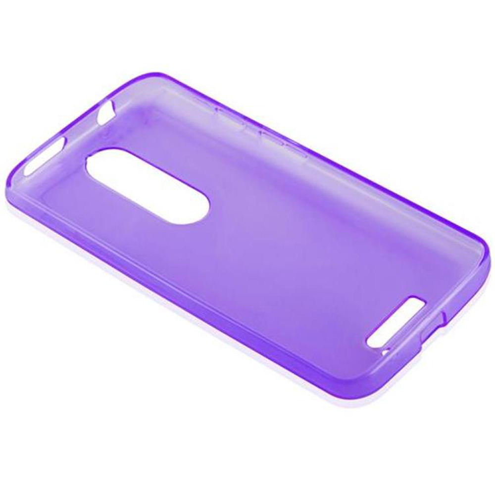 Una funda de teléfono morada translúcida con recortes para cámara y botones.