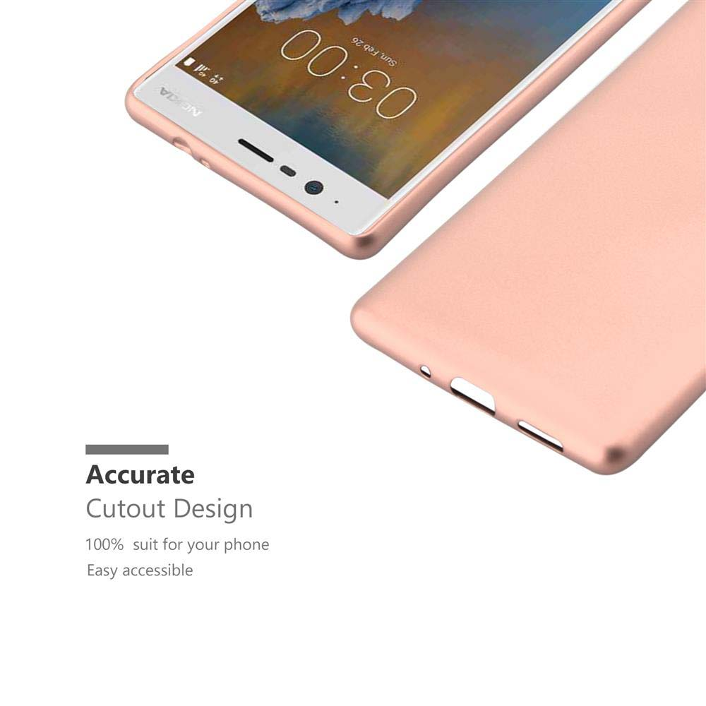 Telefono oro rosa con custodia. Schermo mostra 03:00. Testo: Accurate Cutout Design.