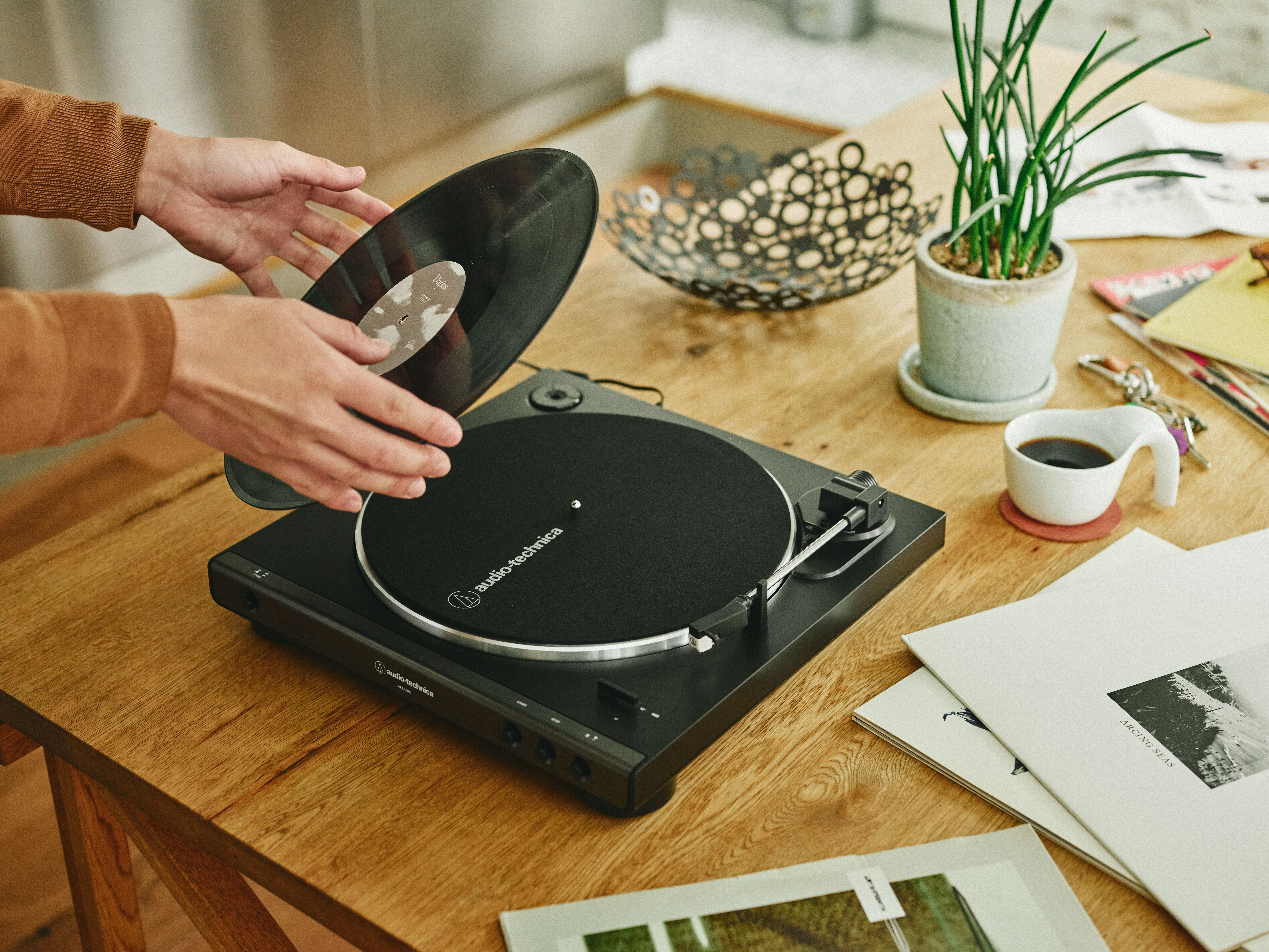 Manos colocando un disco de vinilo en un tocadiscos sobre una mesa de madera junto a una planta.