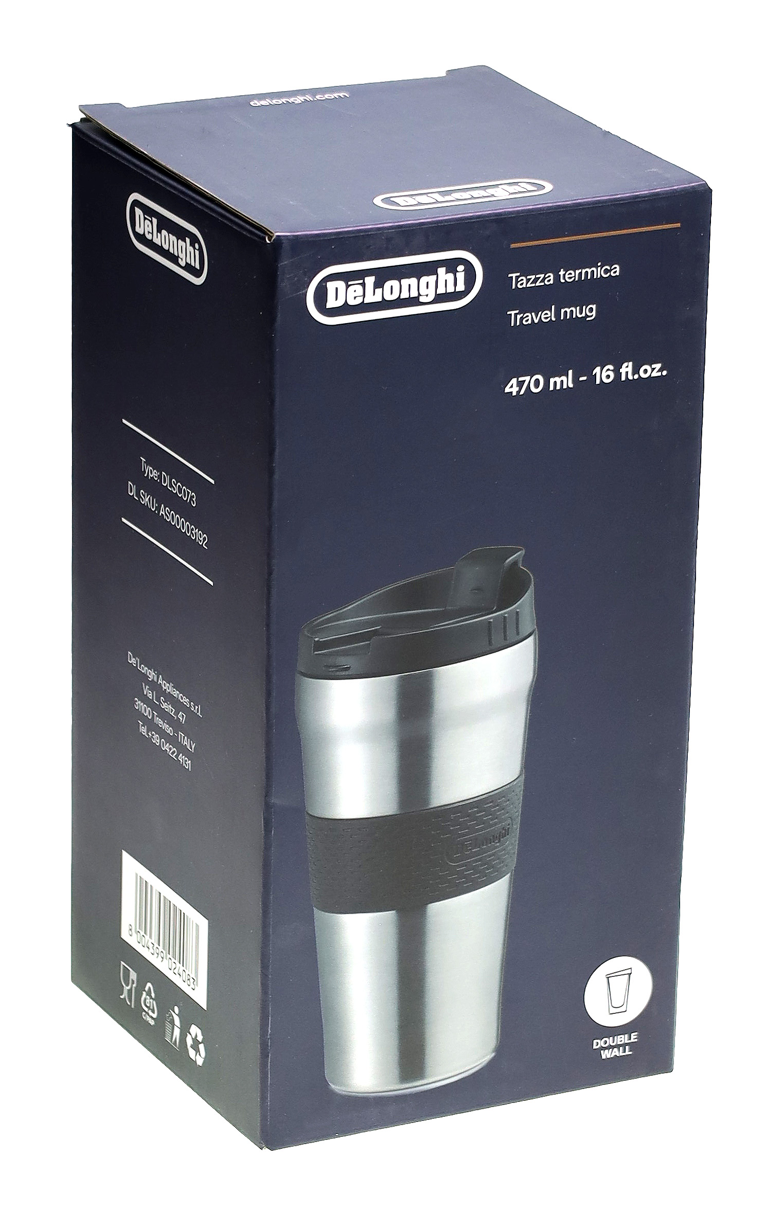 Verpackung eines DeLonghi Thermobechers, 470 ml, Edelstahl, mit schwarzem Griff.