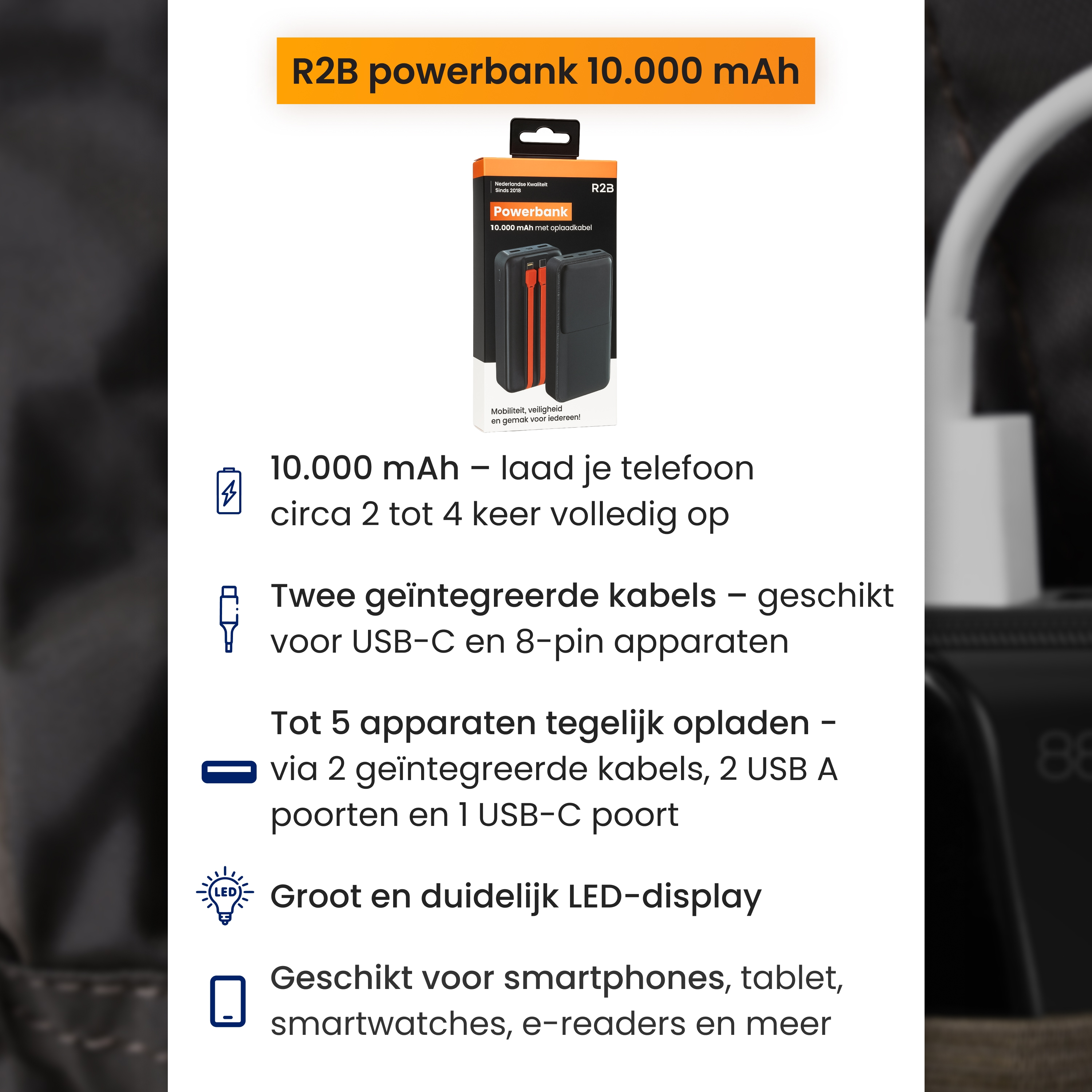 R2B Powerbank 10.000 mAh met 2 geïntegreerde kabels en LED-display.