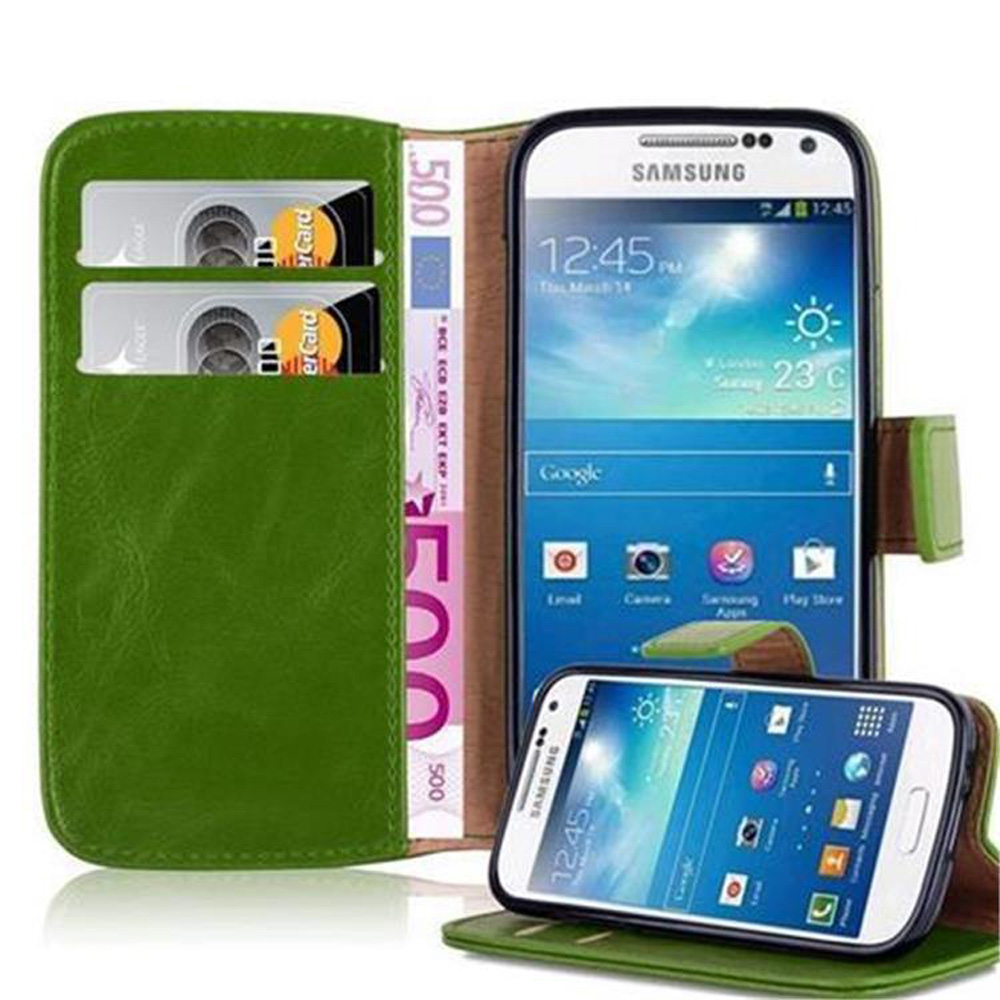 Funda verde para teléfono con dos ranuras para tarjetas, un billete de 500 euros y dos smartphones Samsung.