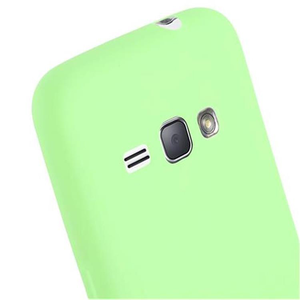 Una custodia per telefono verde chiaro con fotocamera, flash e altoparlante.