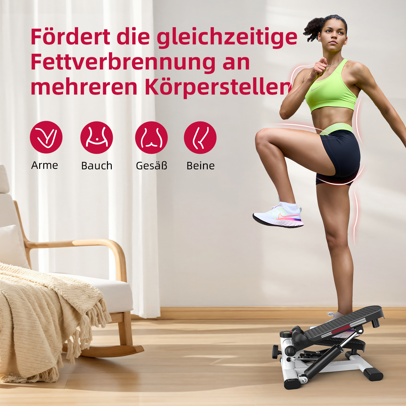 Frau trainiert auf einem Stepper, bewirbt Fettverbrennung an Armen, Bauch, Gesäß, Beinen.