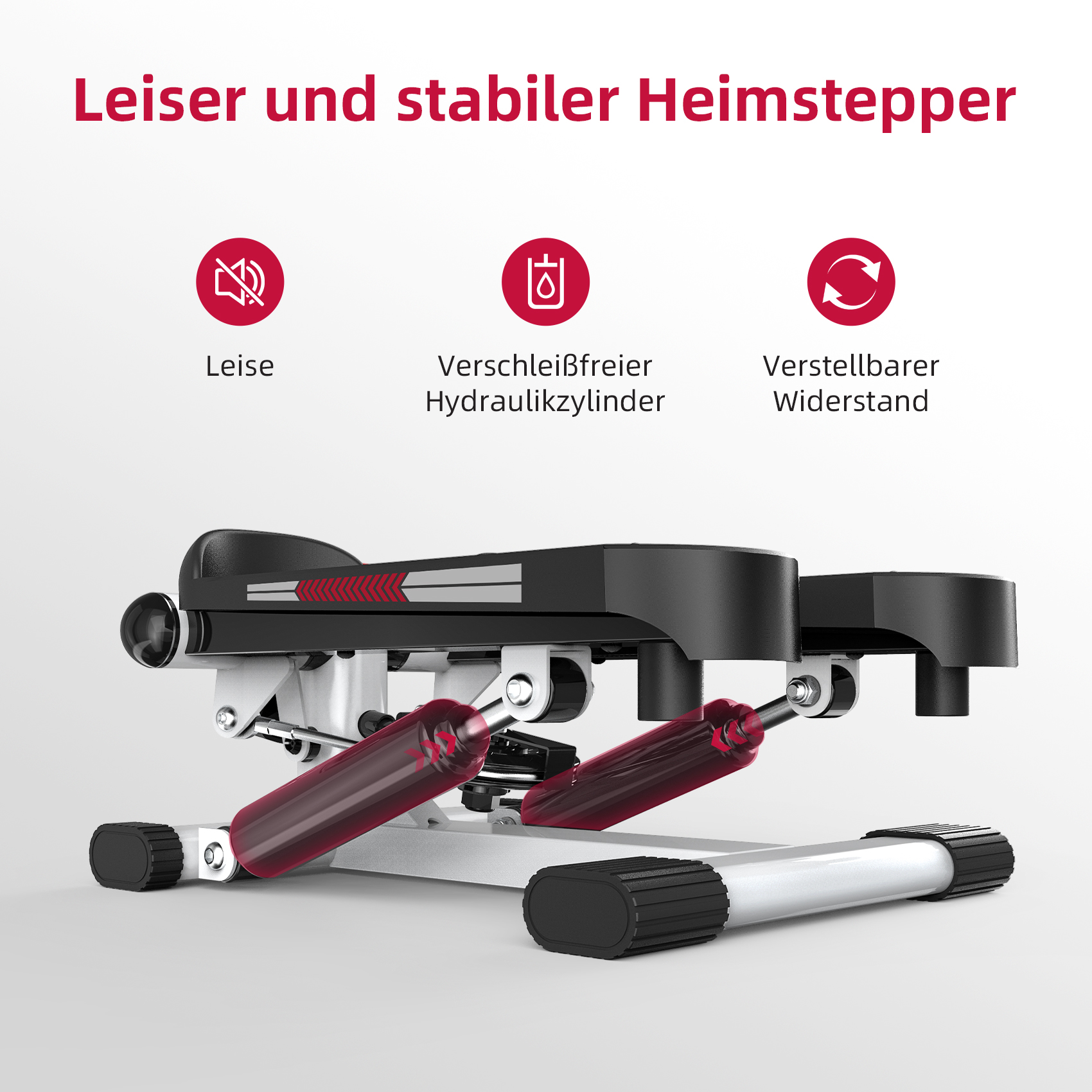 Ein Heimstepper mit roten Hydraulikzylindern und schwarzen Trittflächen.