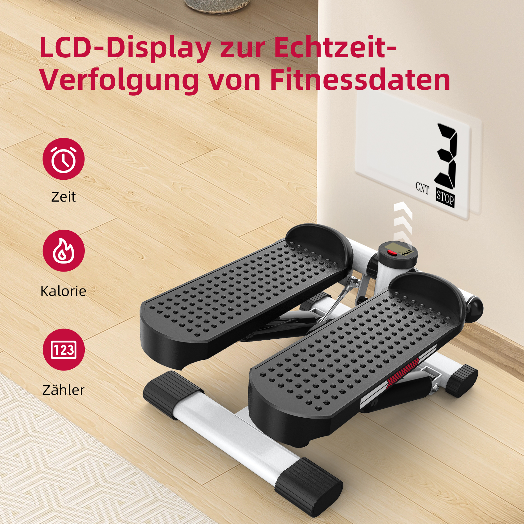 Ein Stepper mit Anzeige für Zeit, Kalorien und Zähler auf Holzboden.