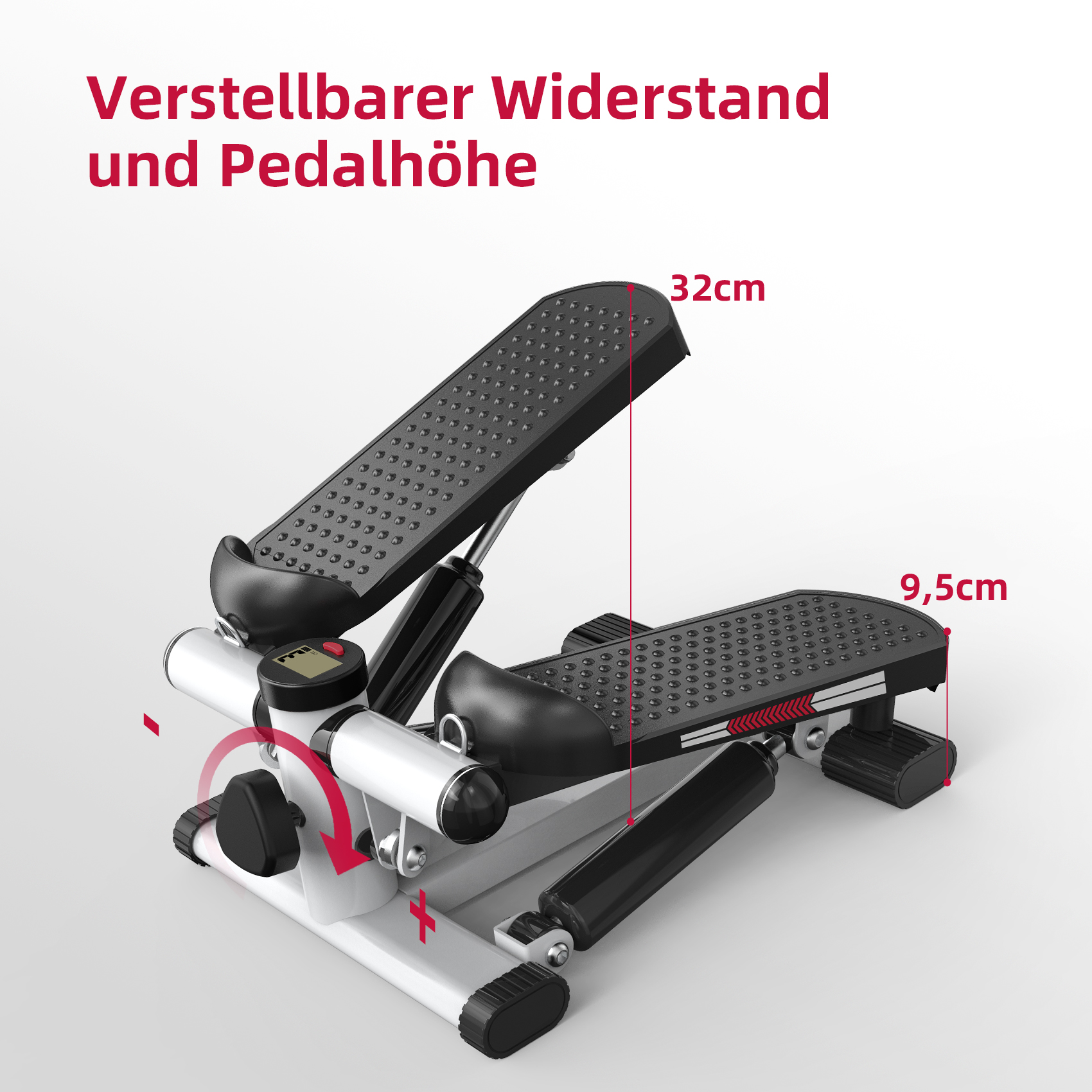 Ein Heimtrainer mit schwarzen Pedalen und einem digitalen Display. Maße sind angezeigt.