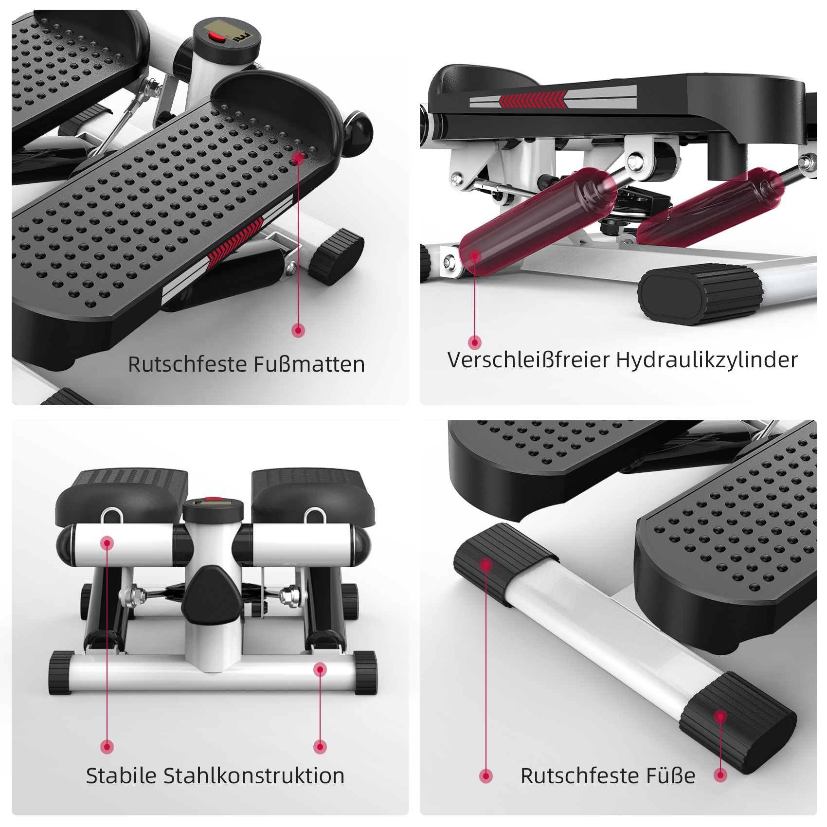 Details eines Heimtrainers: rutschfeste Pedale, Hydraulikzylinder, Stahlrahmen.