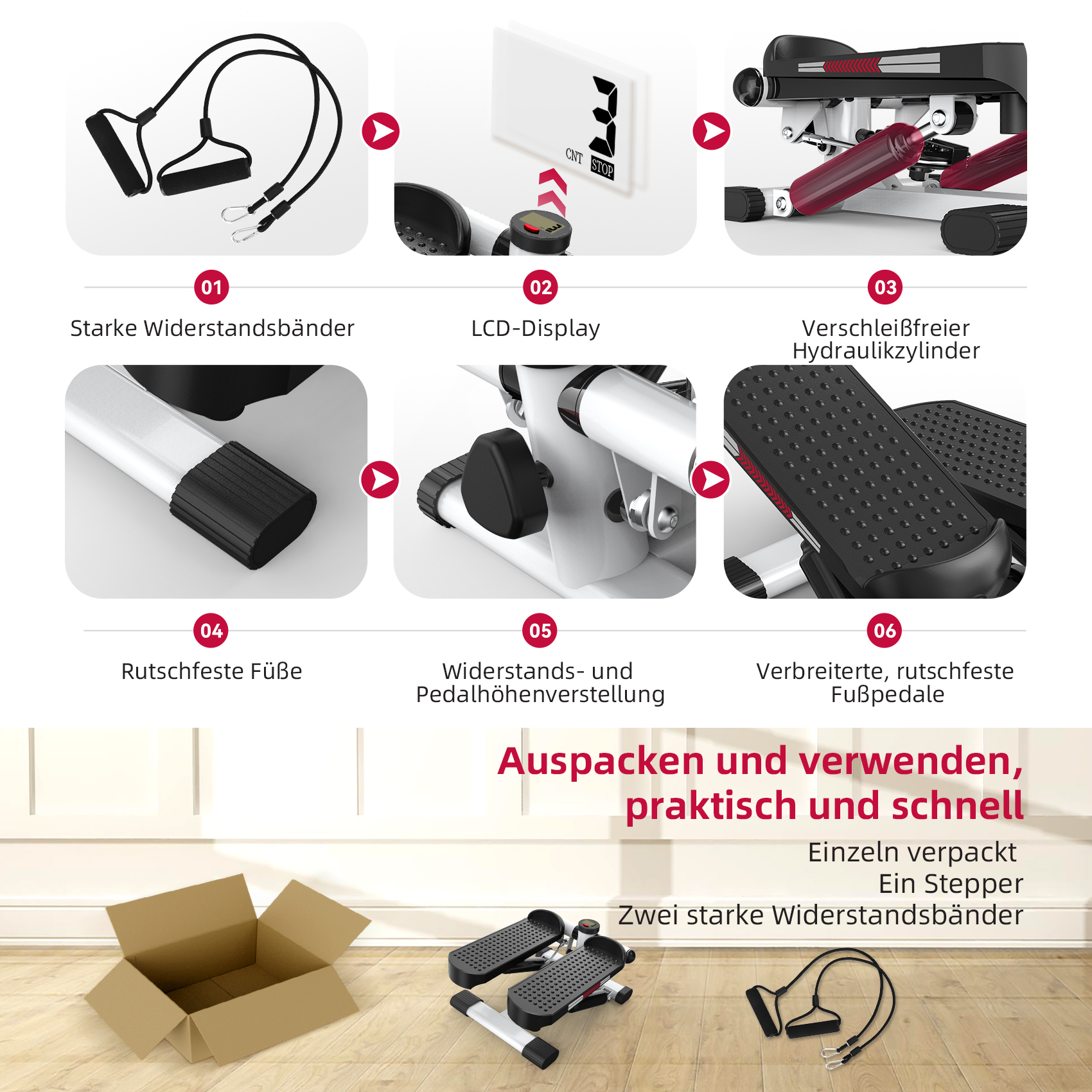 Übungsequipment: Widerstandsbänder, LCD-Display, Hydraulikzylinder, rutschfeste Füße, Pedale.
