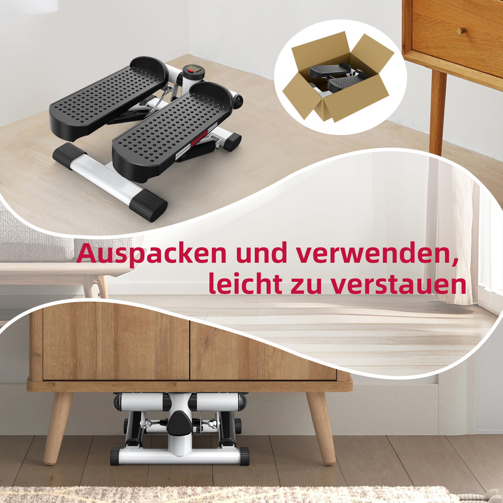 Ein kompakter Stepper in einem Wohnraum, teilweise unter einem Schrank verstaut.