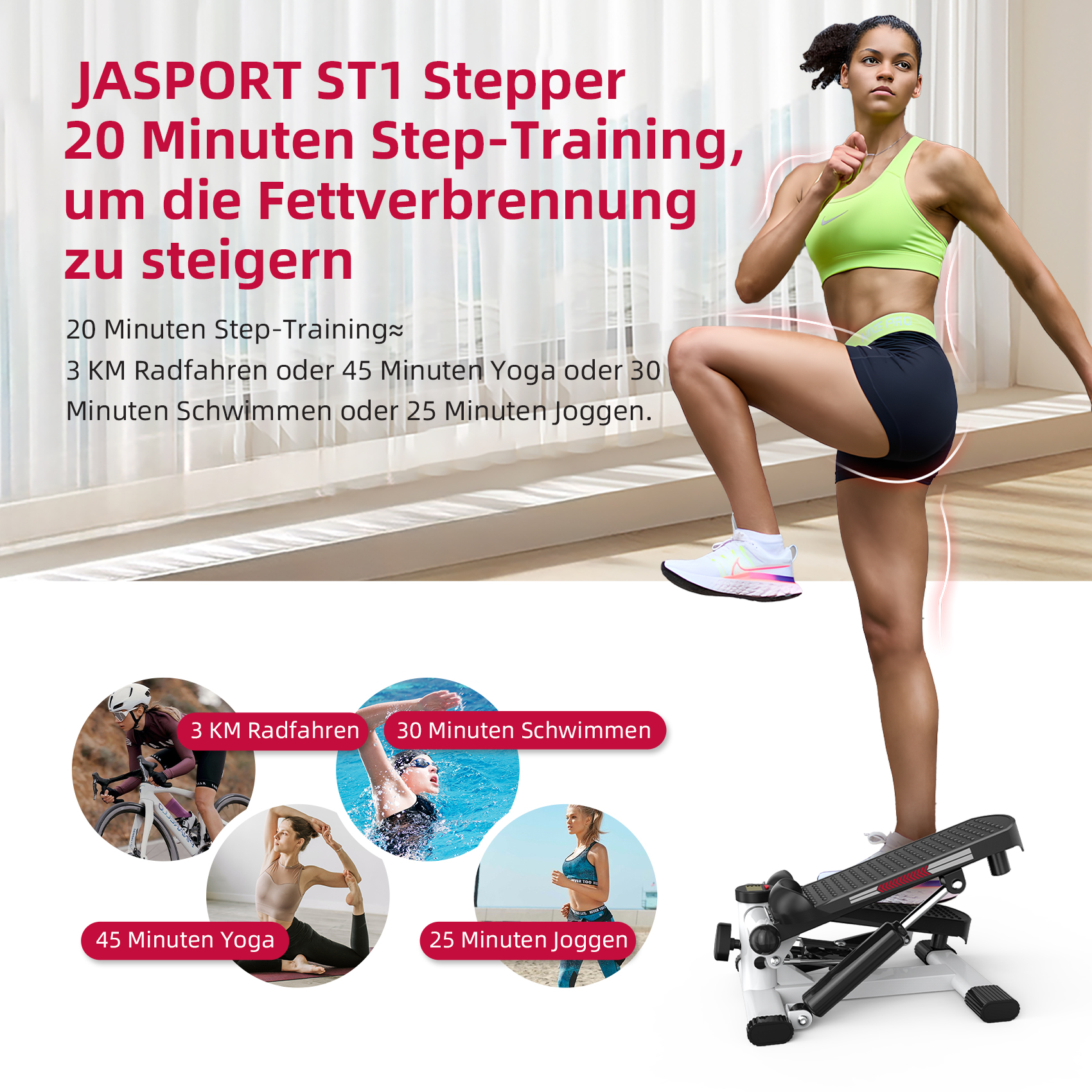 Frau trainiert mit Stepper; Radfahren, Schwimmen, Yoga, Joggen.