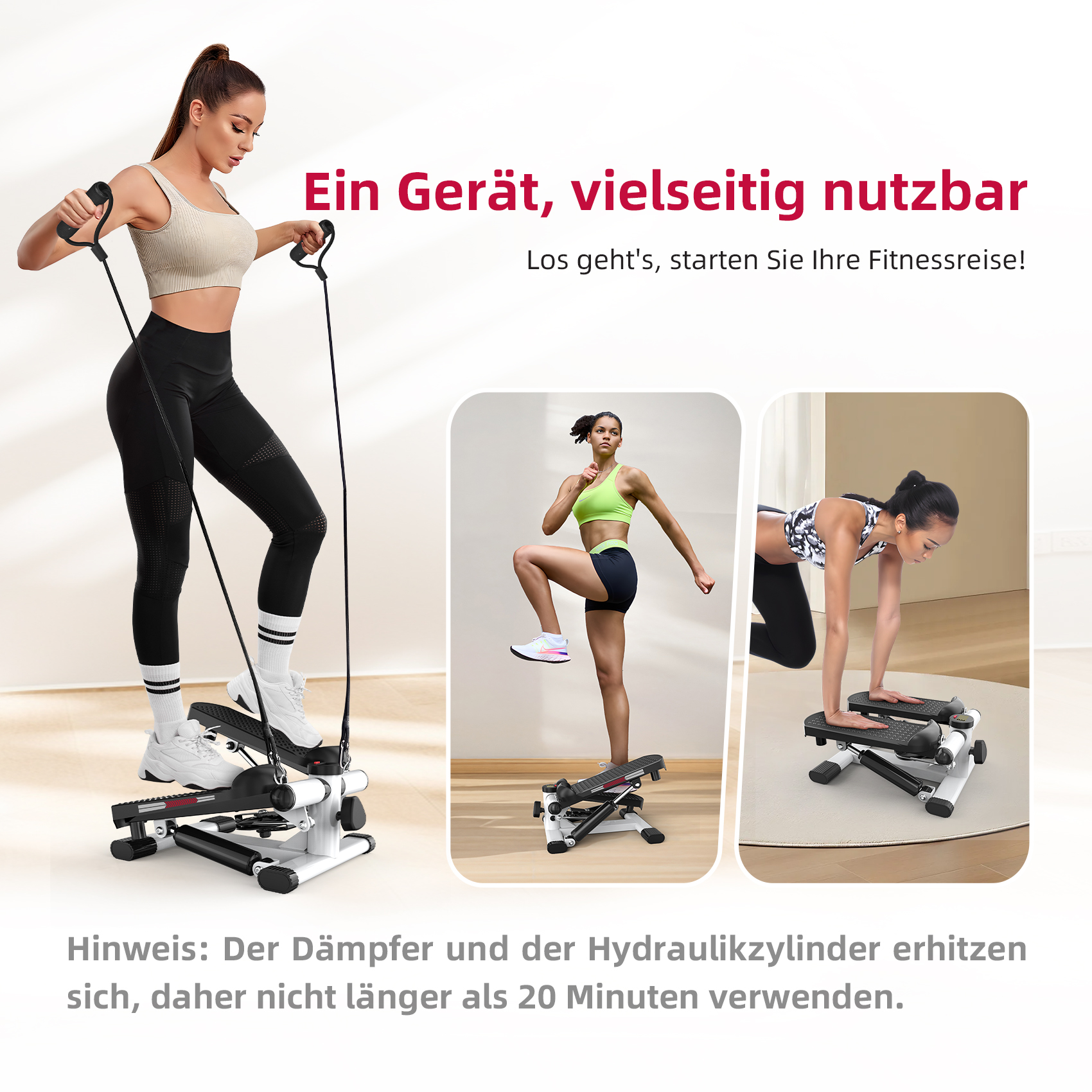 Frau trainiert mit Stepper und Seilzug. Zwei weitere Frauen nutzen Stepper.