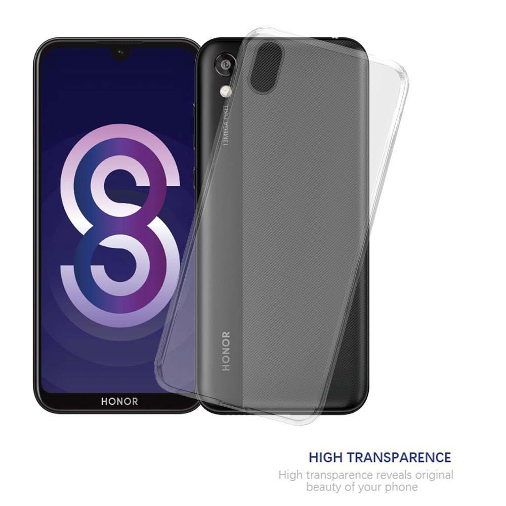 Una custodia trasparente per telefono è mostrata su uno smartphone Honor nero con logo a S viola.