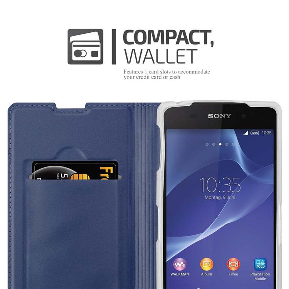 Funda tipo cartera azul con smartphone Sony. Una tarjeta en la ranura.