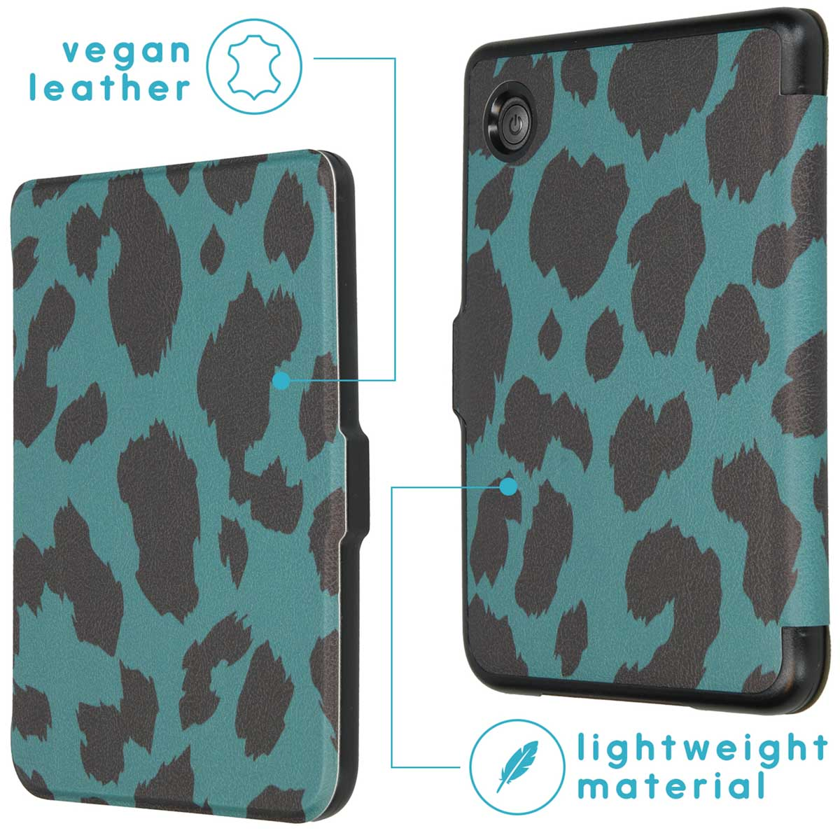 Een turquoise en zwarte vegan leren dierenprint hoes.
