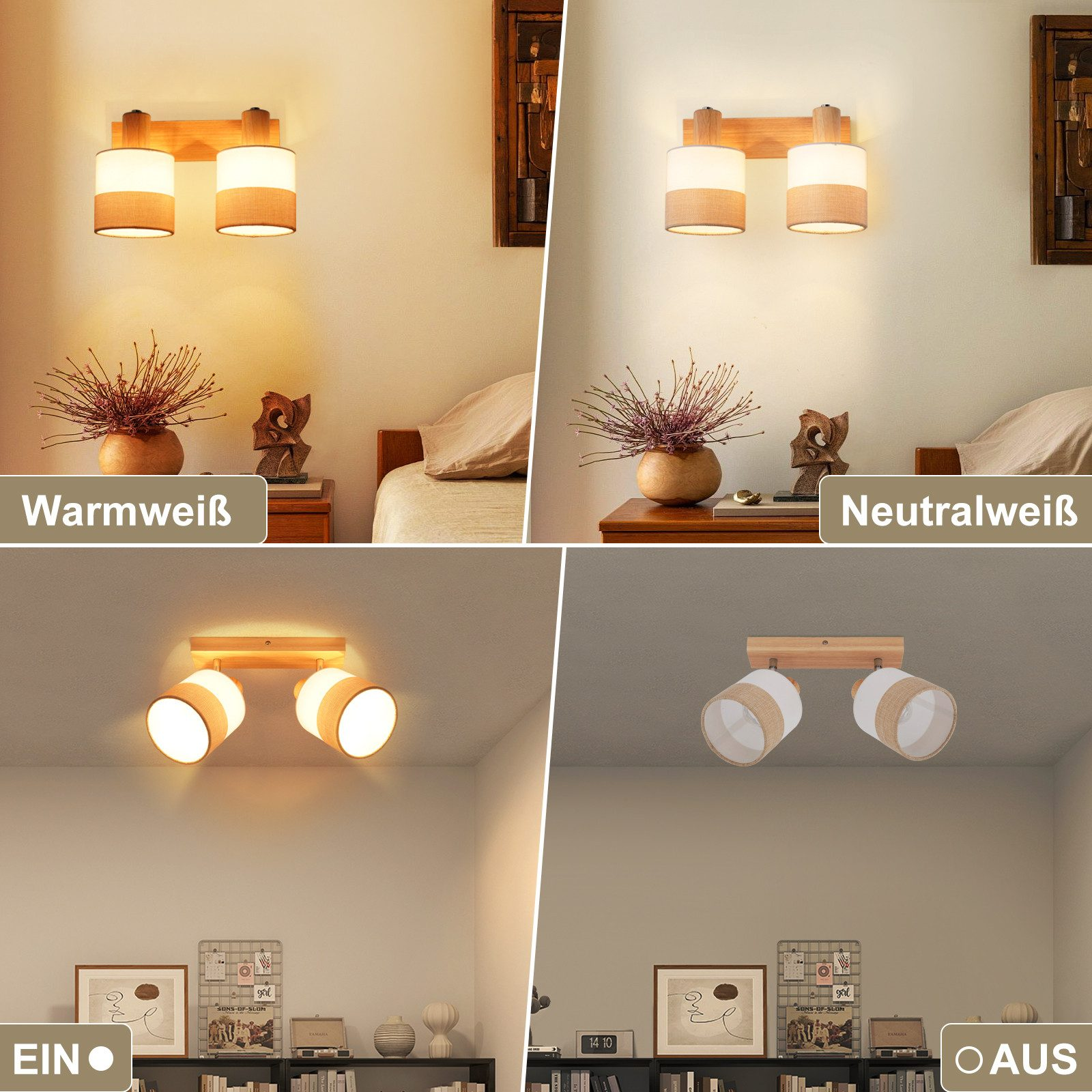 Quattro viste di una lampada da parete in legno con paralumi in tessuto in diversi colori di luce.
