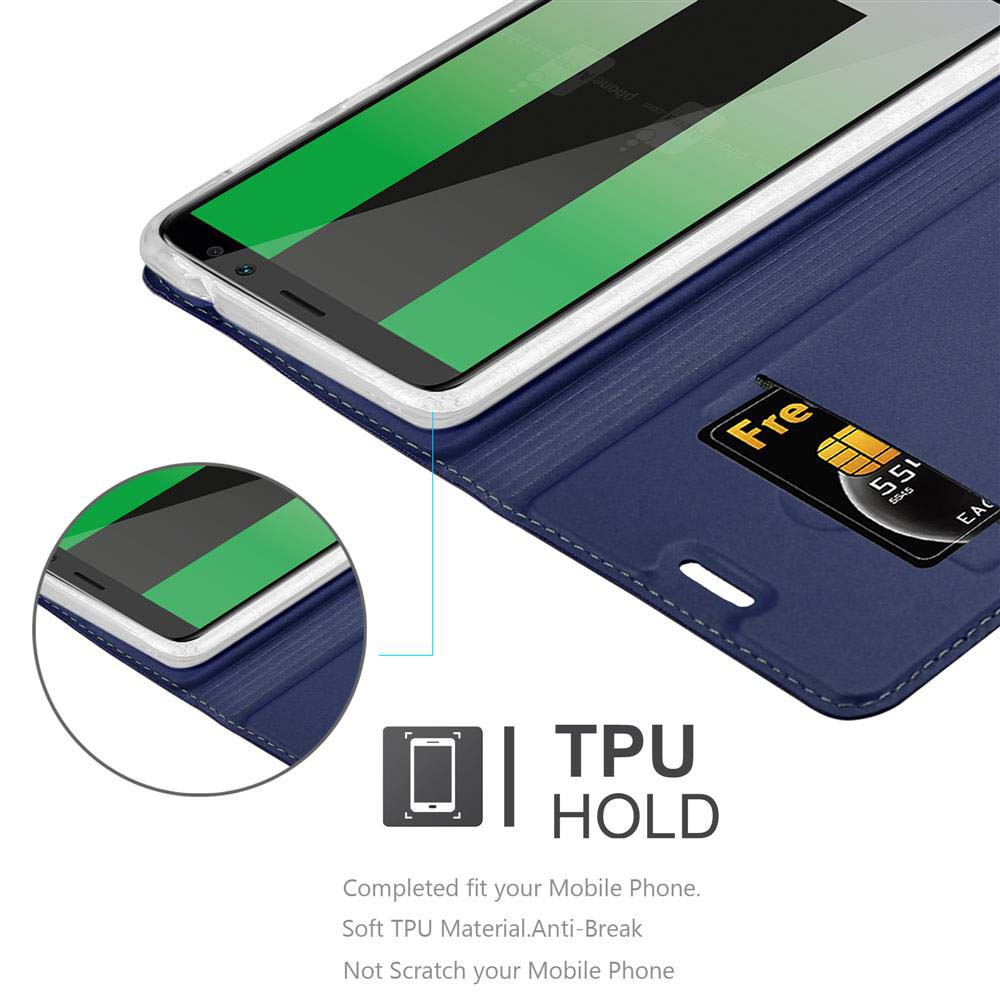 Custodia blu per telefono con porta carte. Telefono con schermo verde all'interno.