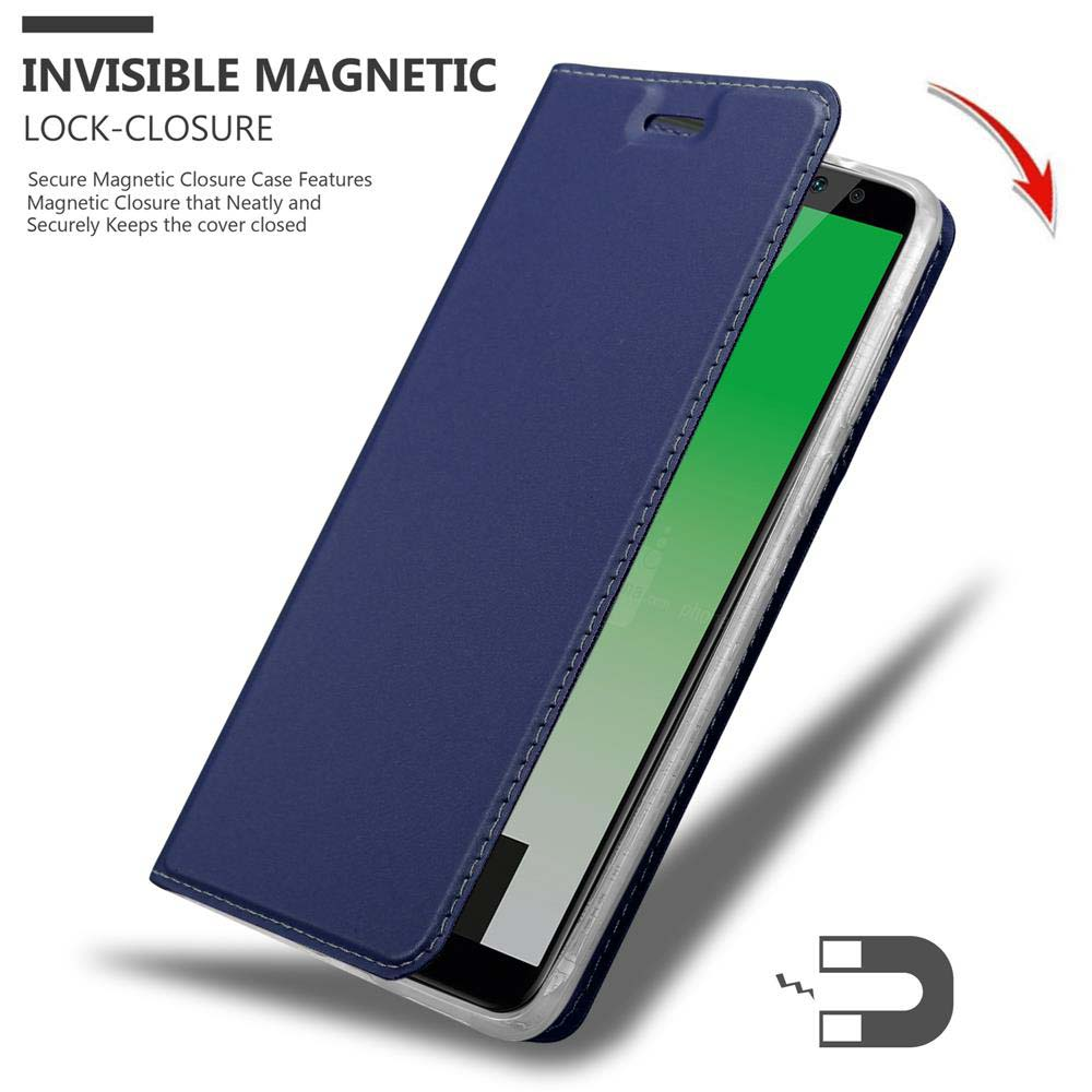 Custodia blu scuro per telefono con chiusura magnetica e freccia rossa.