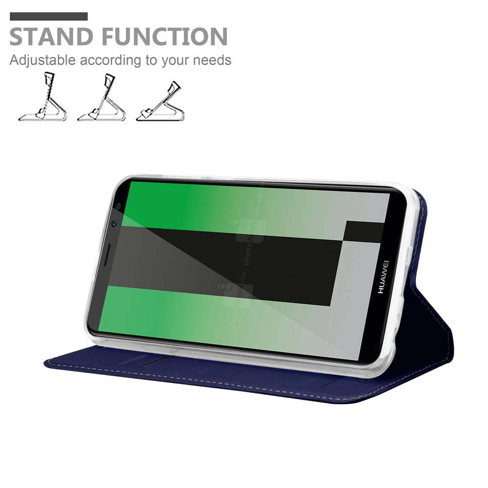 Telefono Huawei blu in custodia con funzione stand, mostrate tre opzioni di supporto.