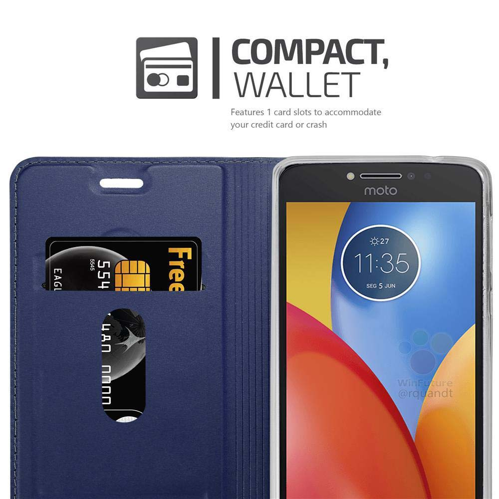Custodia a portafoglio blu con telefono e slot per carte.