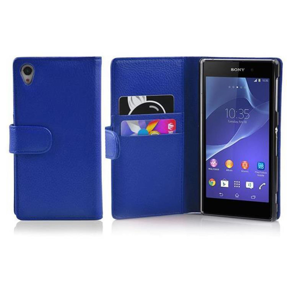 Funda azul para teléfono con ranuras para tarjetas y smartphone Sony abierto.