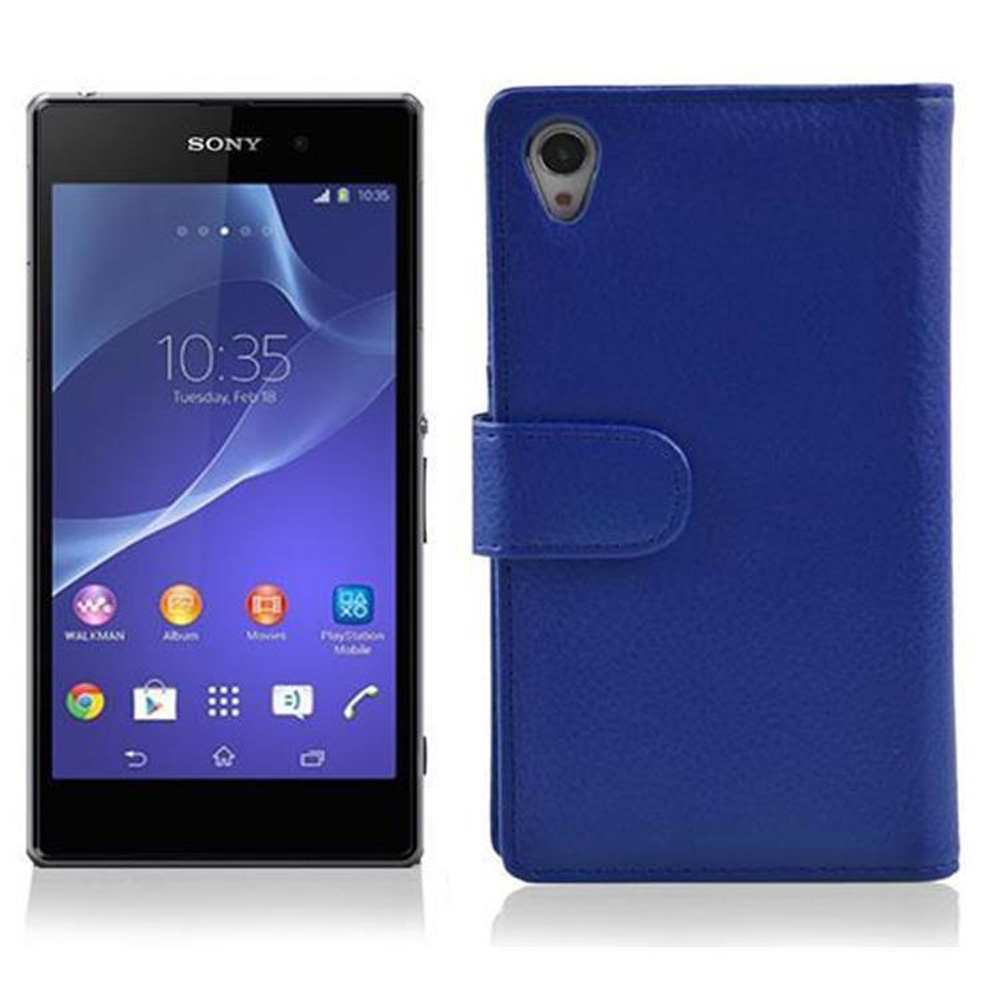 Una funda azul estilo libro junto a un smartphone Sony.