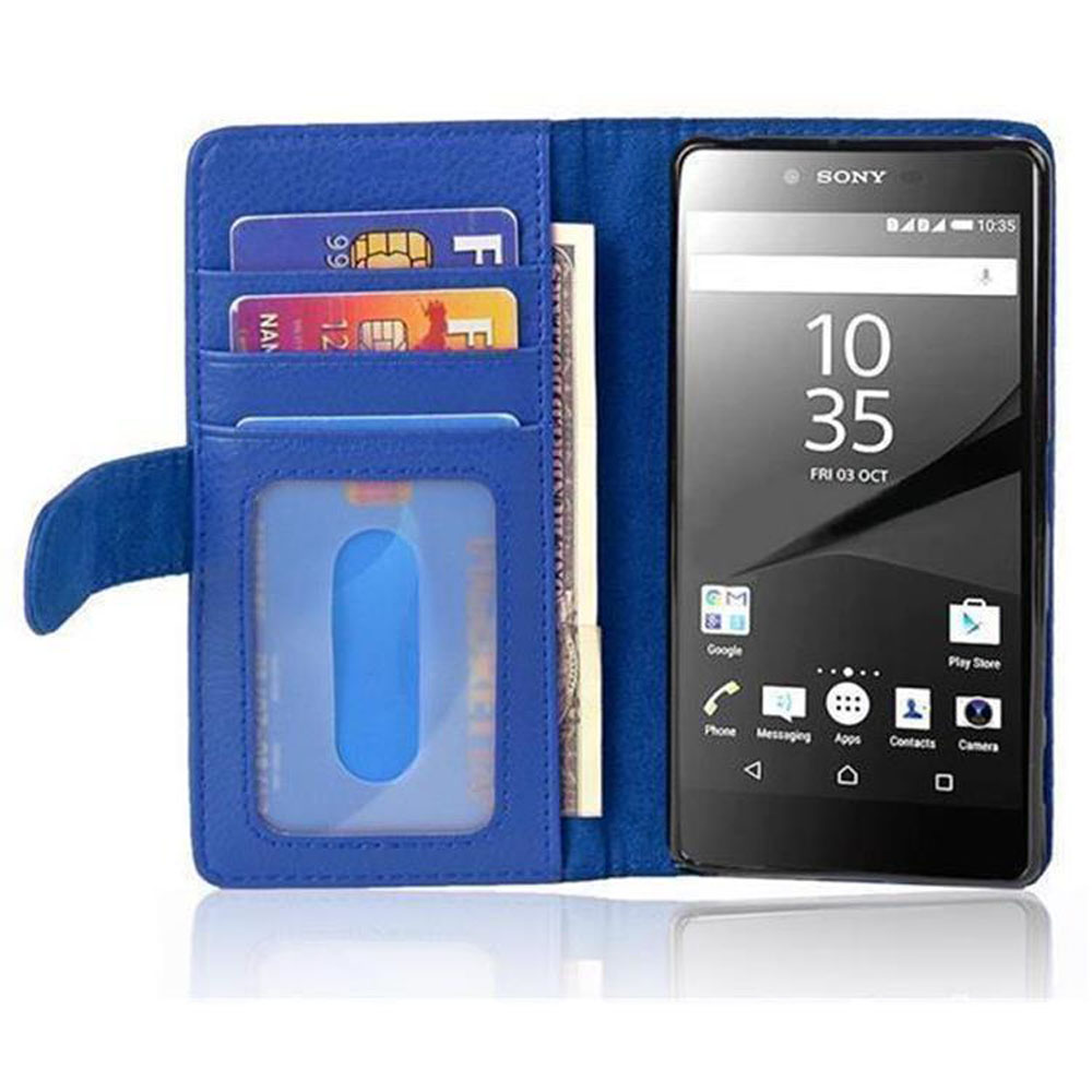 Custodia blu per telefono con slot per carte e uno smartphone Sony.