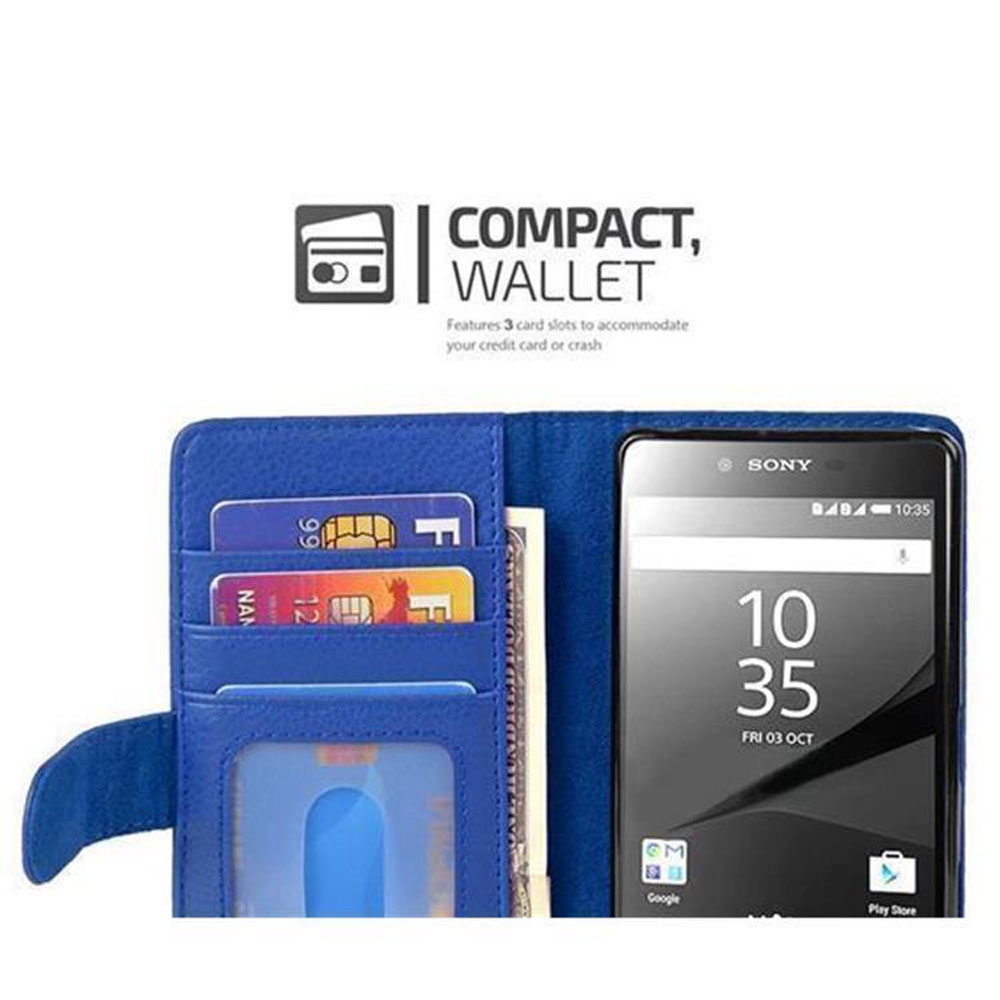 Portafoglio blu con tre fessure per carte e uno smartphone Sony.