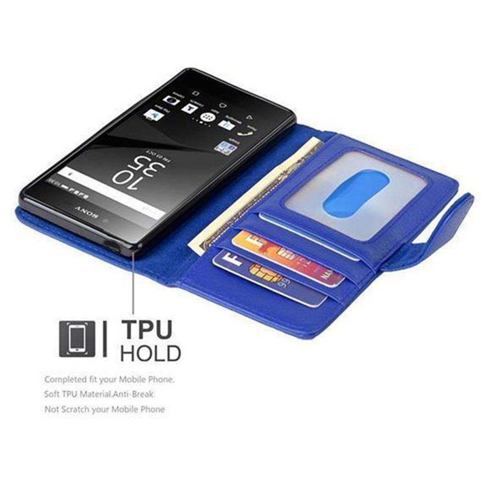 Un portafoglio per telefono blu con smartphone, carte e contanti.