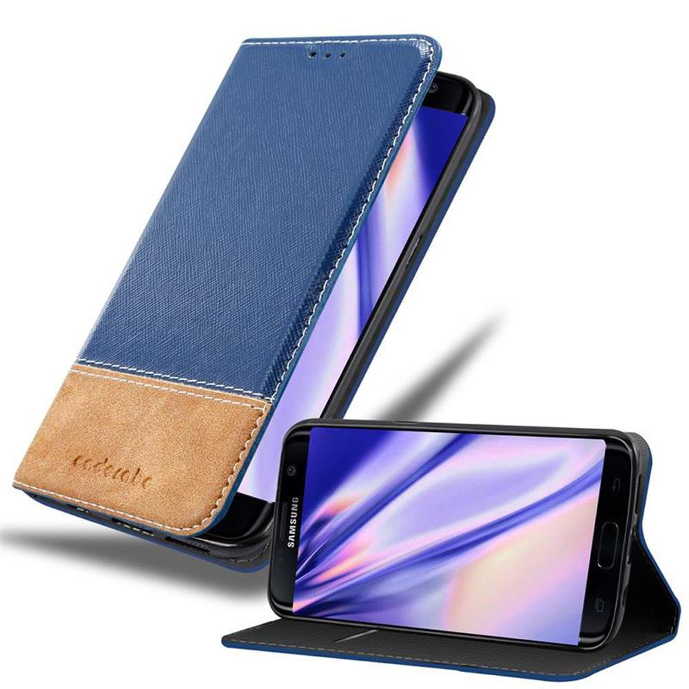 Funda azul para teléfono con acento de cuero marrón, dos teléfonos.