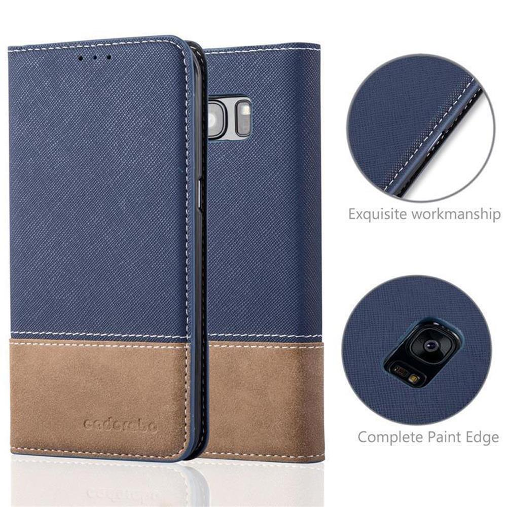 Funda de teléfono azul con sección inferior marrón y costuras.
