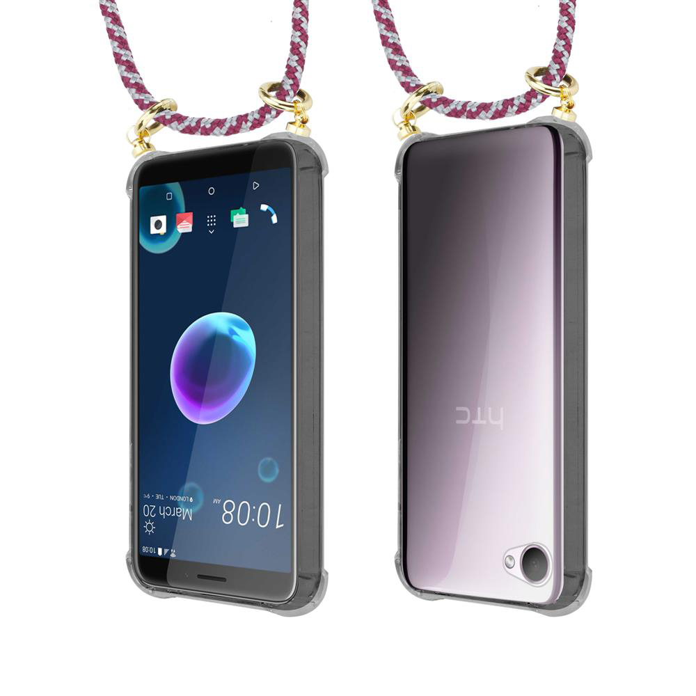 Zwei Smartphones in transparenten Hüllen mit Schnüren.